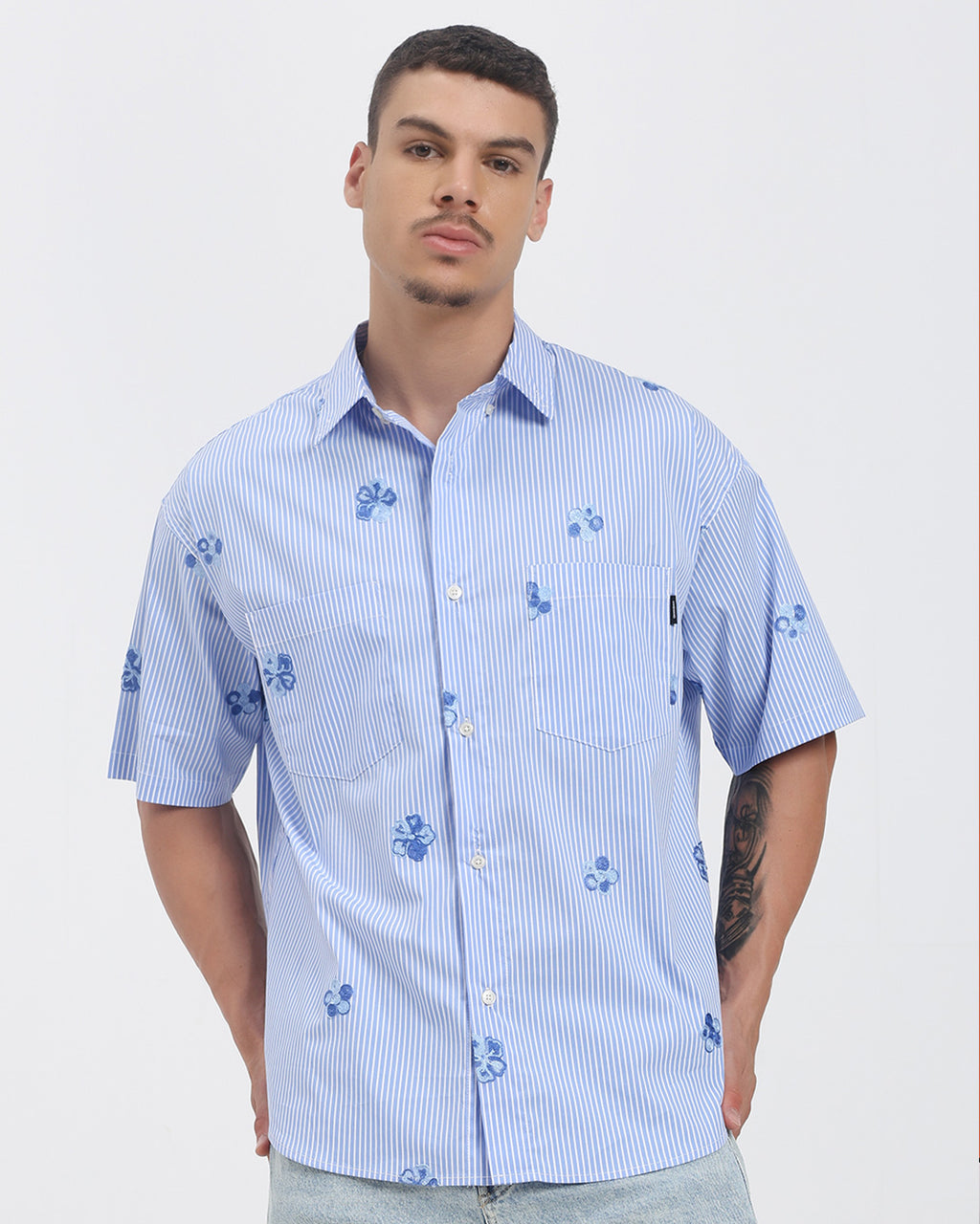 BluTee Striped Floral Embroidered Oversized