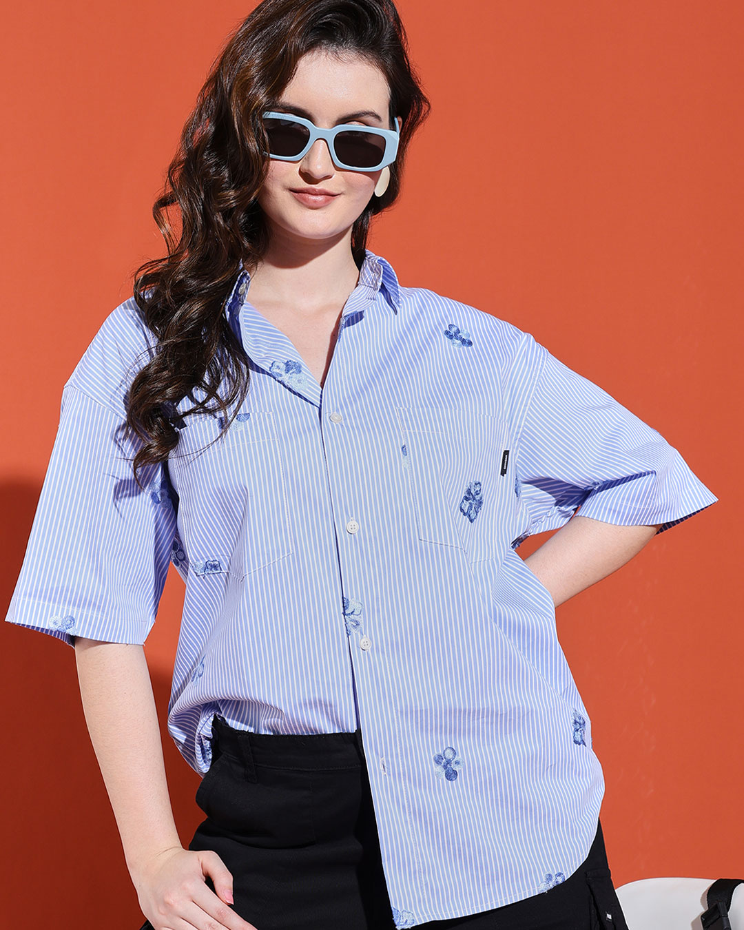BluTee Striped Floral Embroidered Oversized