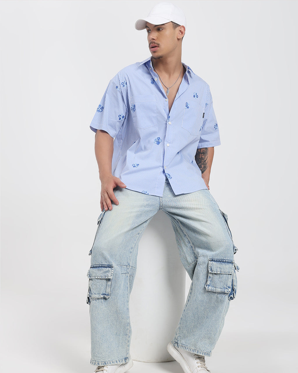 BluTee Striped Floral Embroidered Oversized